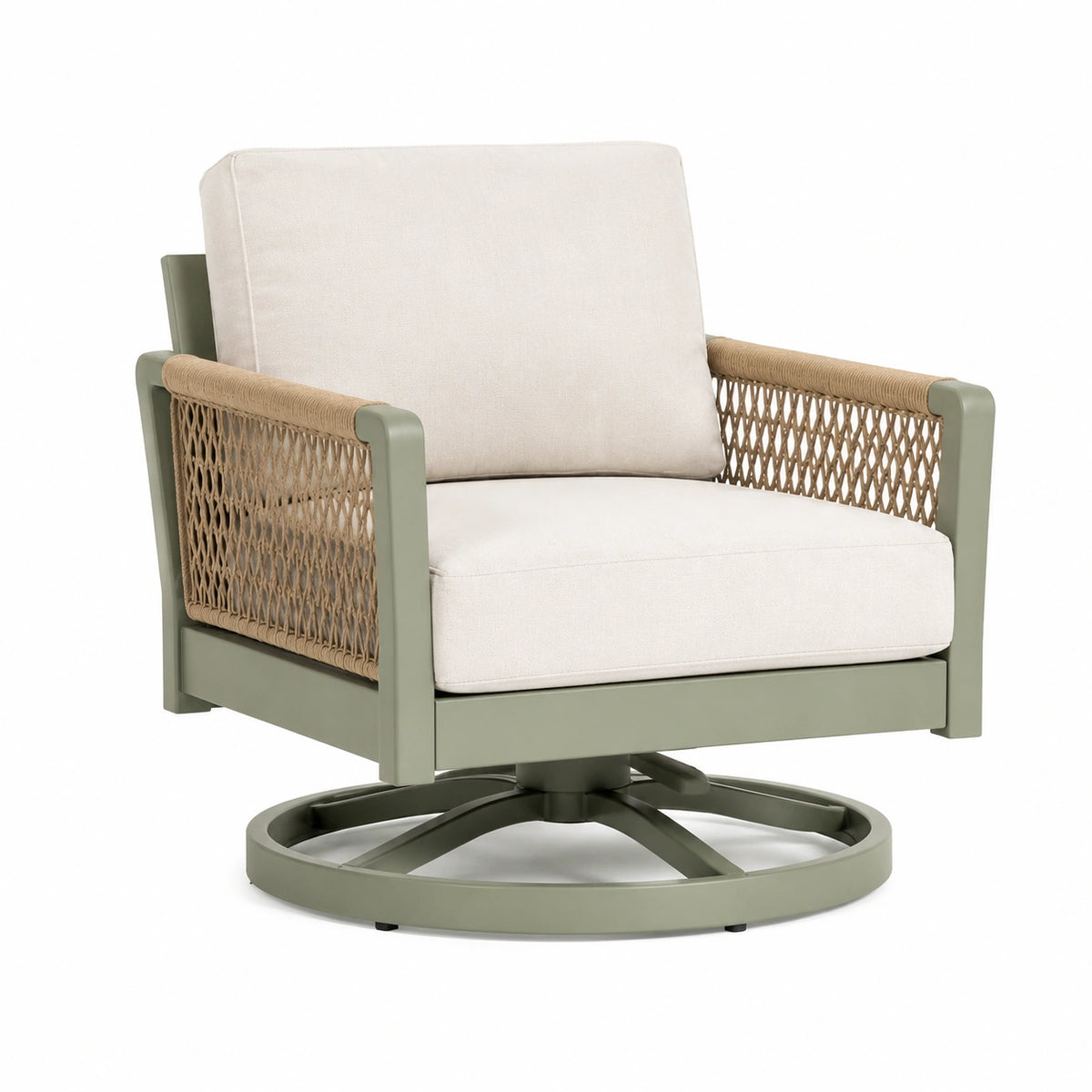 Drehbarer Gartensessel 82 × 78 × 88 cm in Olivgrün, Beige und Natur mit Metallgestell, Seilgeflecht und Polstern