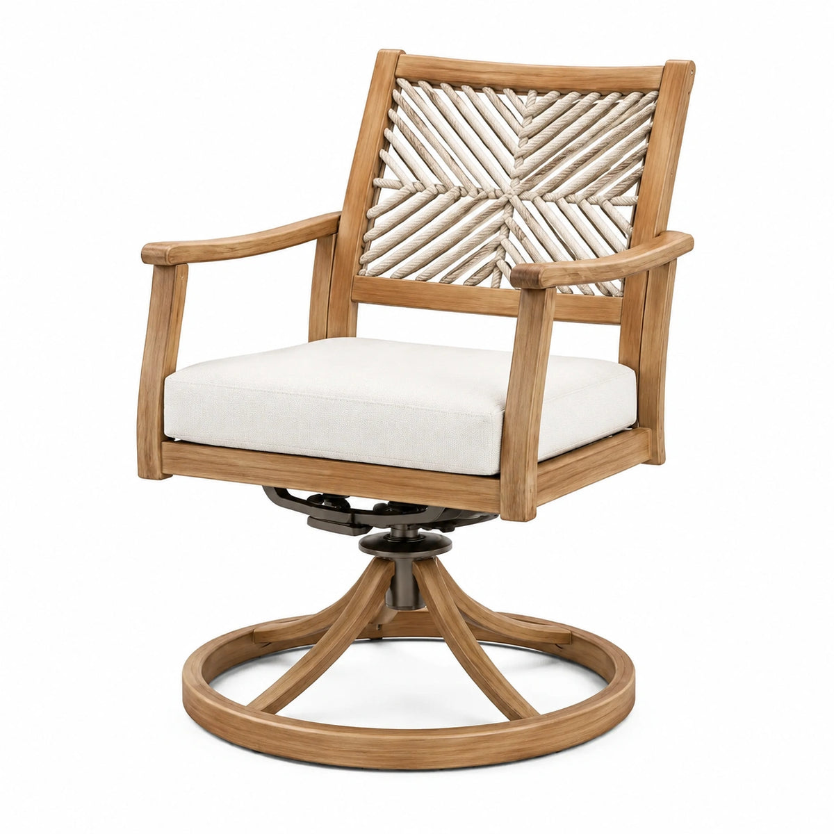 Drehbarer Holz-Armlehnstuhl mit Seilrückenlehne, Natur/Beige/Schwarz, 76 × 78 × 98 cm