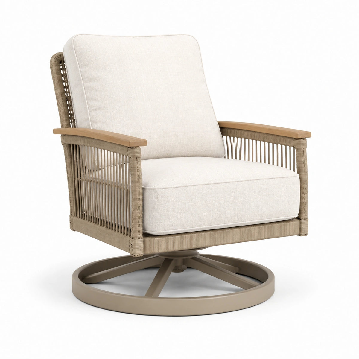 Drehbarer Outdoor-Sessel 83 × 82 × 92 cm mit Geflecht, Metallgestell und Polstern in Creme/Natur/Taupe