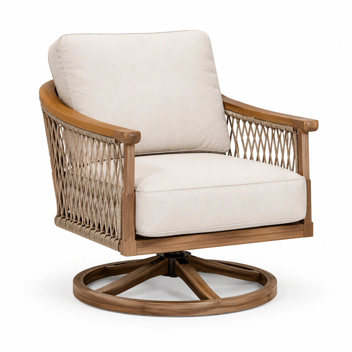 Boho-Drehsessel mit Seilgeflecht, 82 x 85 x 90 cm, Naturbraun/Beige
