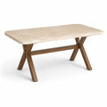 Rechteckiger Esstisch 180 × 90 × 75 cm mit Travertinplatte und Holzgestell in Beige/Braun