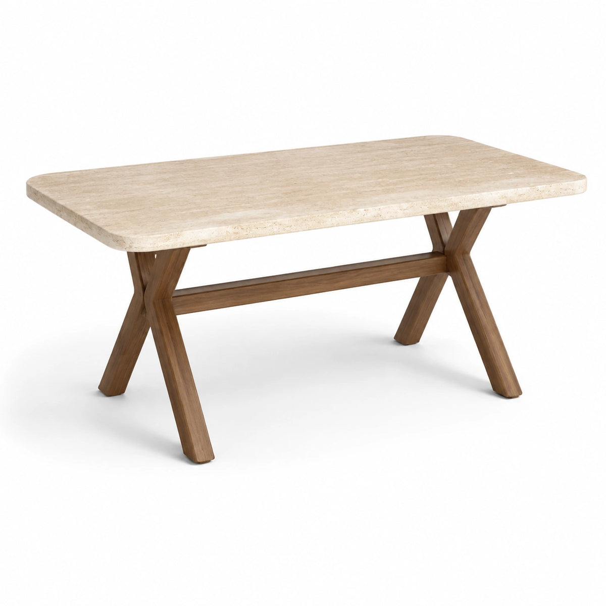 Rechteckiger Esstisch 180 × 90 × 75 cm mit Travertinplatte und Holzgestell in Beige/Braun