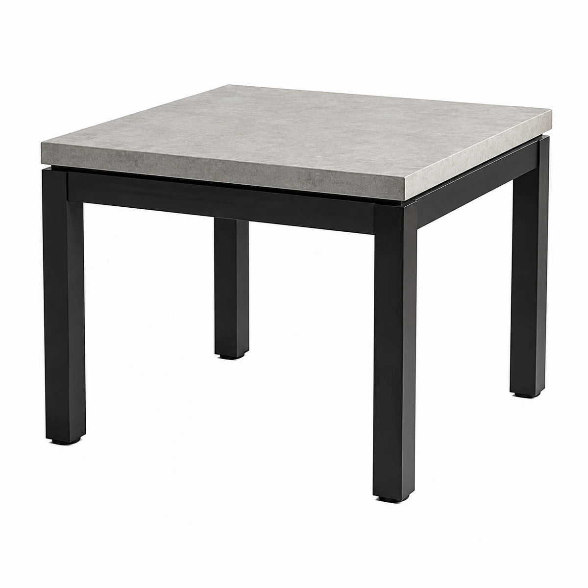 Quadratischer Gartentisch 90 x 90 x 75 cm in Grau Betonoptik mit schwarzem Metallgestell