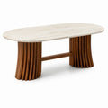 Moderner ovaler Esstisch 180 × 90 × 75 cm mit heller Steinplatte und braunem Holzgestell