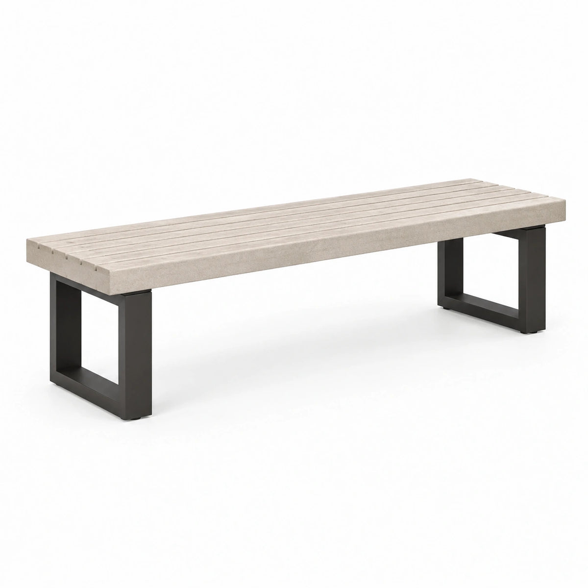 Moderne Gartenbank aus Beton und Metall, Beige/Schwarz, 180 x 40 x 45 cm