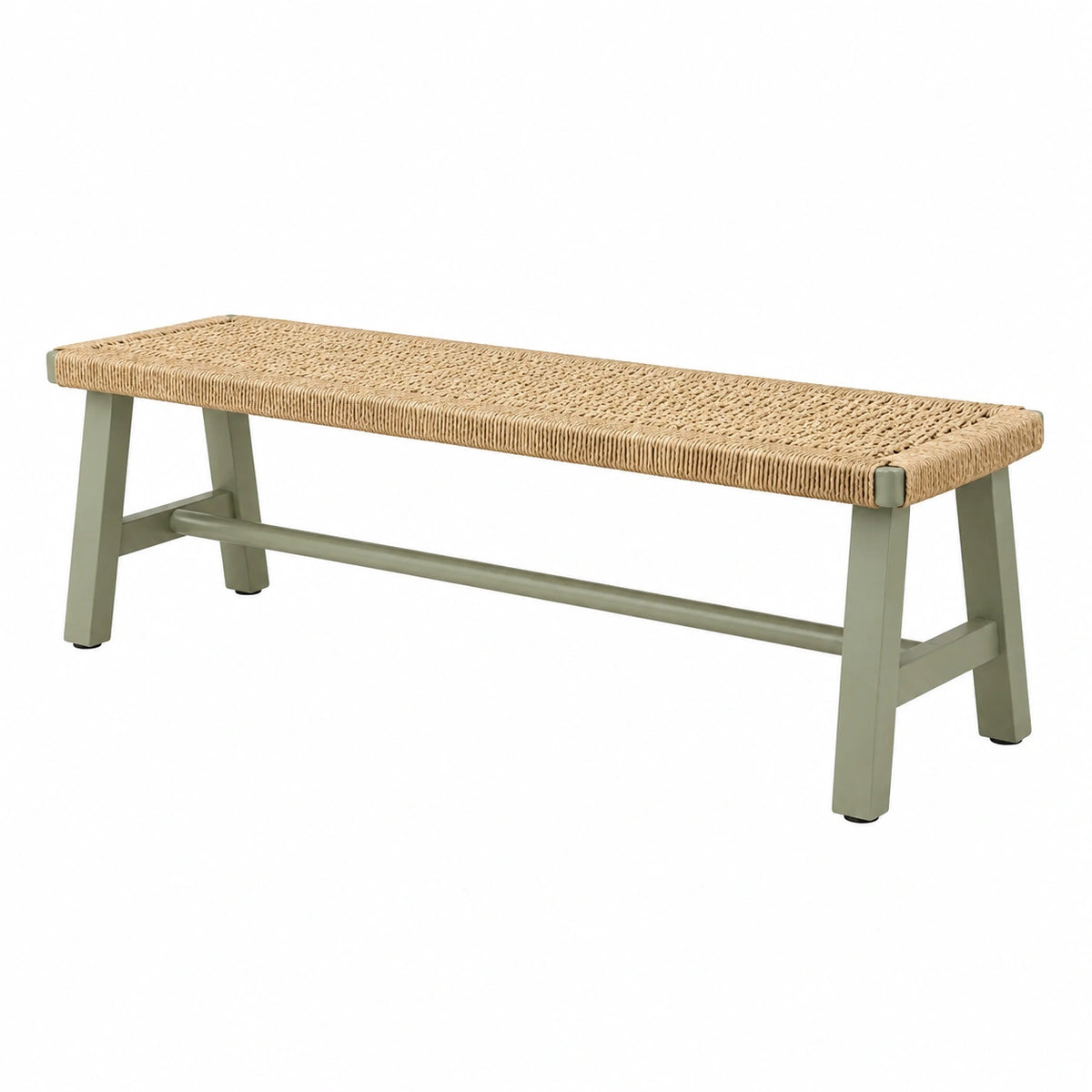 Skandinavische Sitzbank 120 × 35 × 45 cm mit Naturfasergeflecht und grünem Holzgestell