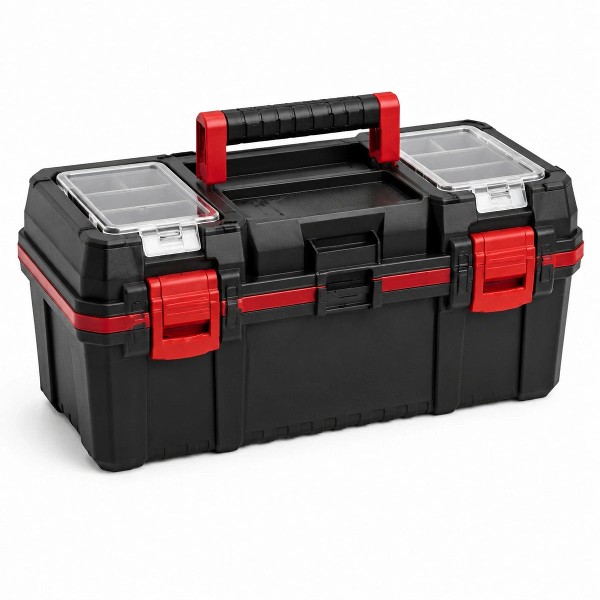 Kunststoff-Werkzeugkasten 55 x 28 x 26 cm mit Tragegriff und Sortierfächern, Schwarz/Rot/Transparent