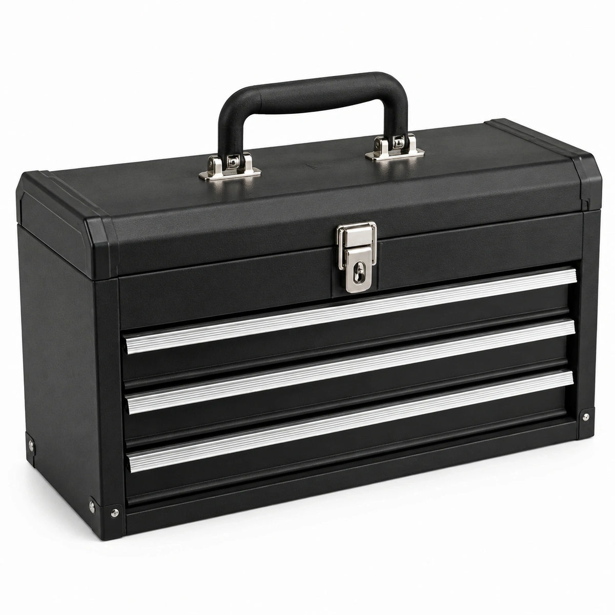 Abschließbarer Metallkoffer mit 3 Schubladen und Tragegriff, 50 × 25 × 30 cm, Schwarz/Silber