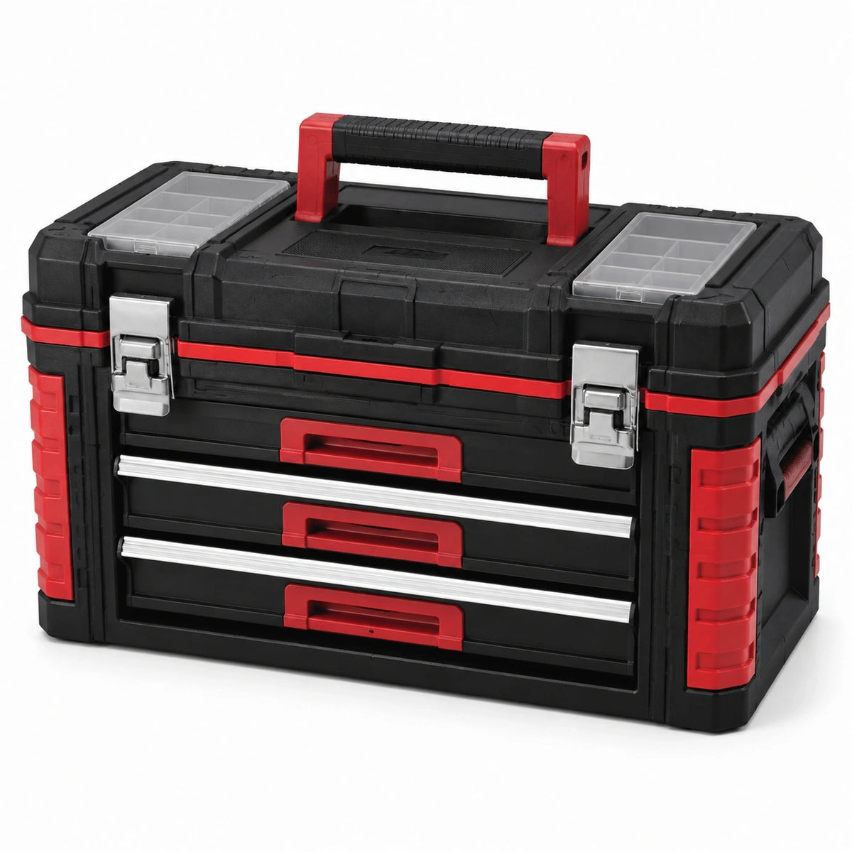 Werkzeugkoffer Schwarz/Rot, 52 × 28 × 30 cm, mit 3 Schubladen und 2 Sortierfächern
