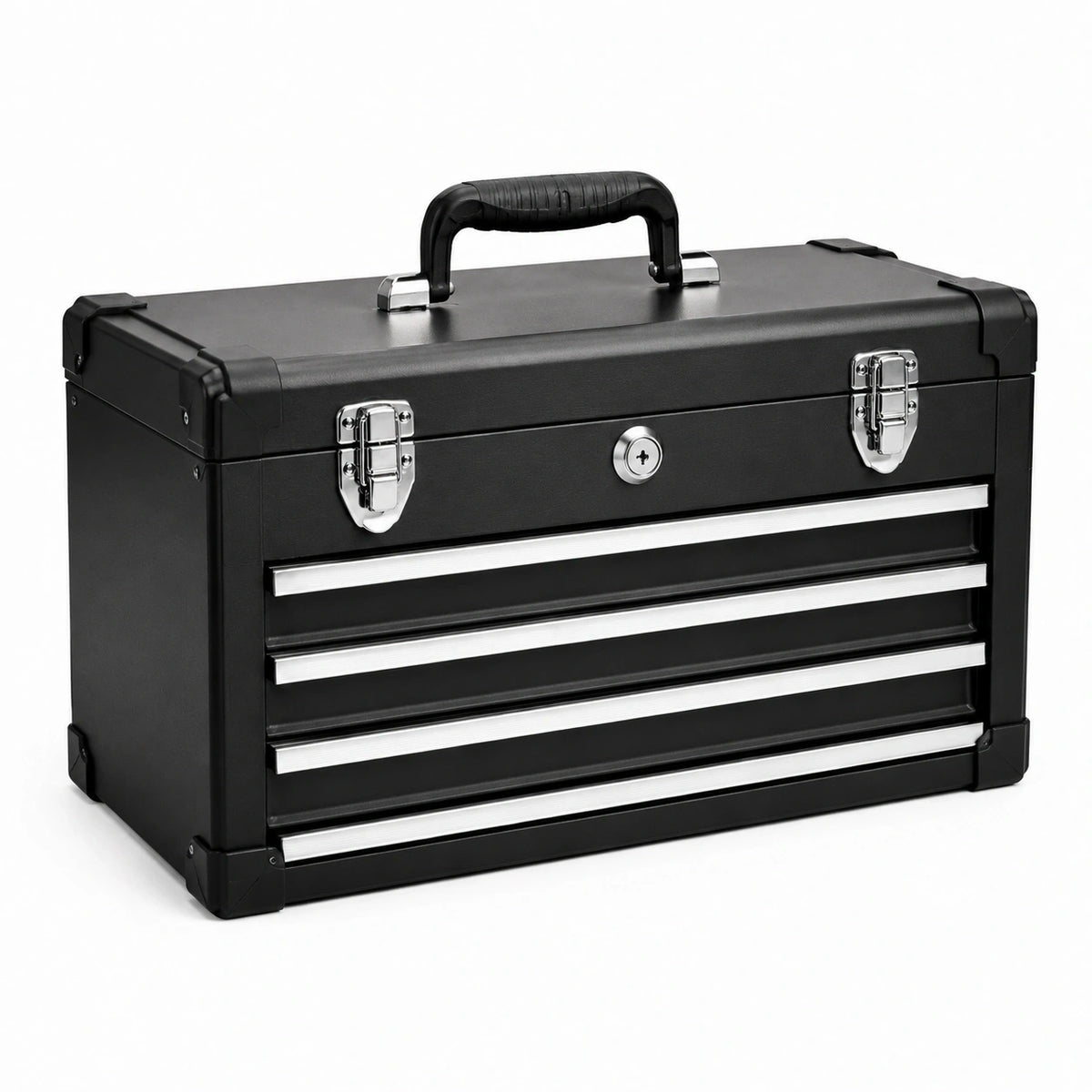 Metallkoffer mit 4 Schubladen, 52 × 26 × 35 cm, Schwarz/Silber, mit Tragegriff
