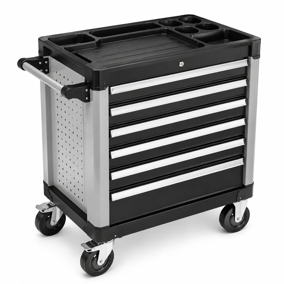 Werkzeugwagen mit 7 Schubladen, 70 × 45 × 95 cm, Schwarz/Silber