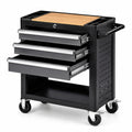 Schwarzer Stahlwagen 85 × 46 × 96 cm mit Holzarbeitsplatte und 3 Schubladen