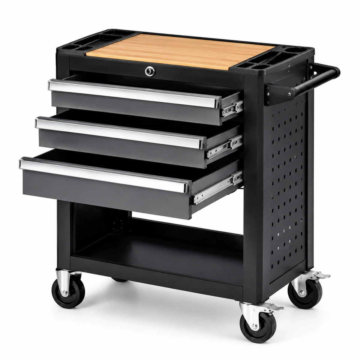 Schwarzer Stahlwagen 85 × 46 × 96 cm mit Holzarbeitsplatte und 3 Schubladen