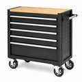 Werkstattwagen aus Stahl, 80 × 45 × 95 cm, Schwarz mit Naturholz-Arbeitsplatte, silberfarbenen Griffleisten und 7 Schubladen