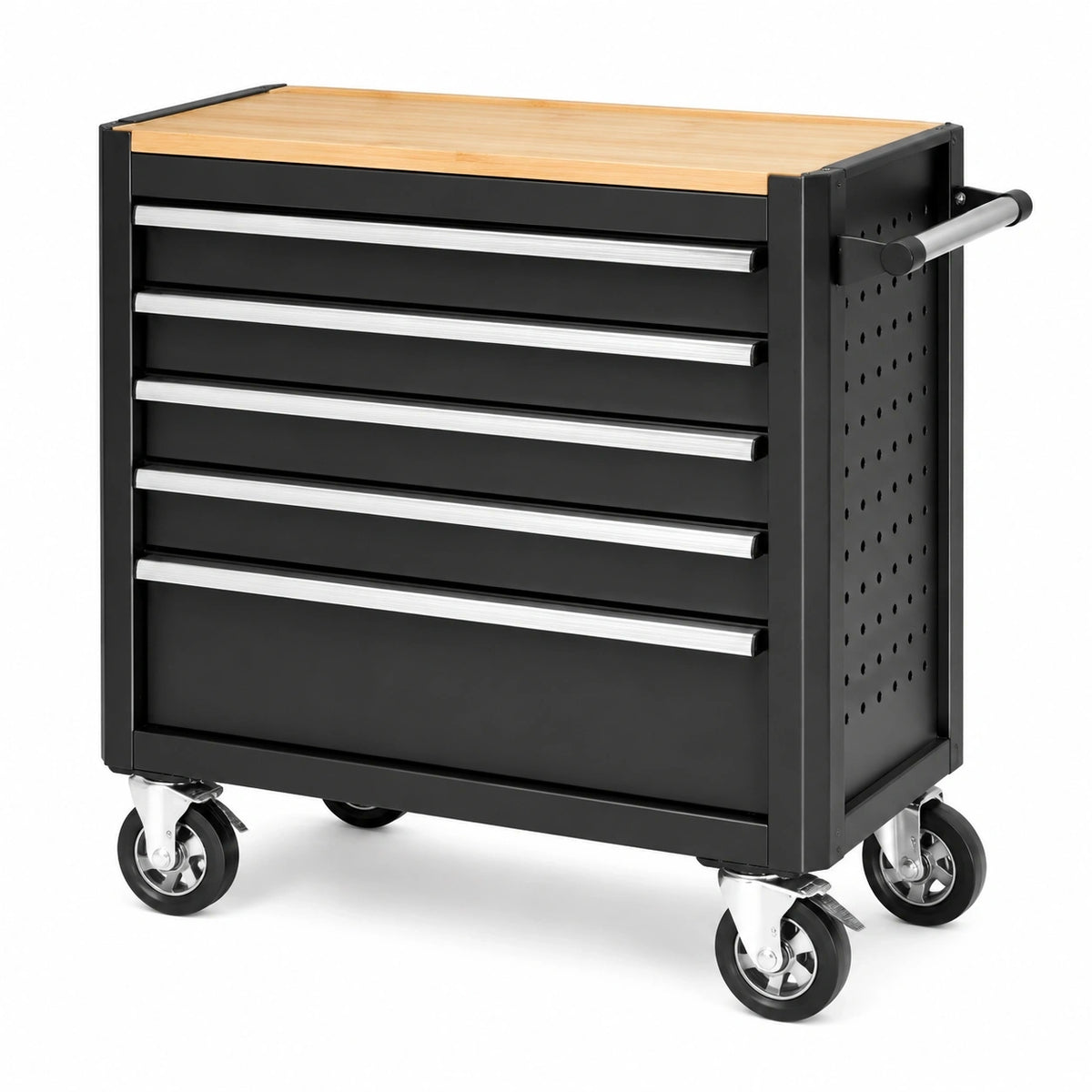 Werkstattwagen aus Stahl, 80 × 45 × 95 cm, Schwarz mit Naturholz-Arbeitsplatte, silberfarbenen Griffleisten und 7 Schubladen