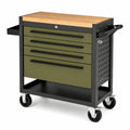Werkstattwagen 120 × 60 × 95 cm aus Stahl und Holz mit 5 Schubladen in Olivgrün, Schwarz und Braun