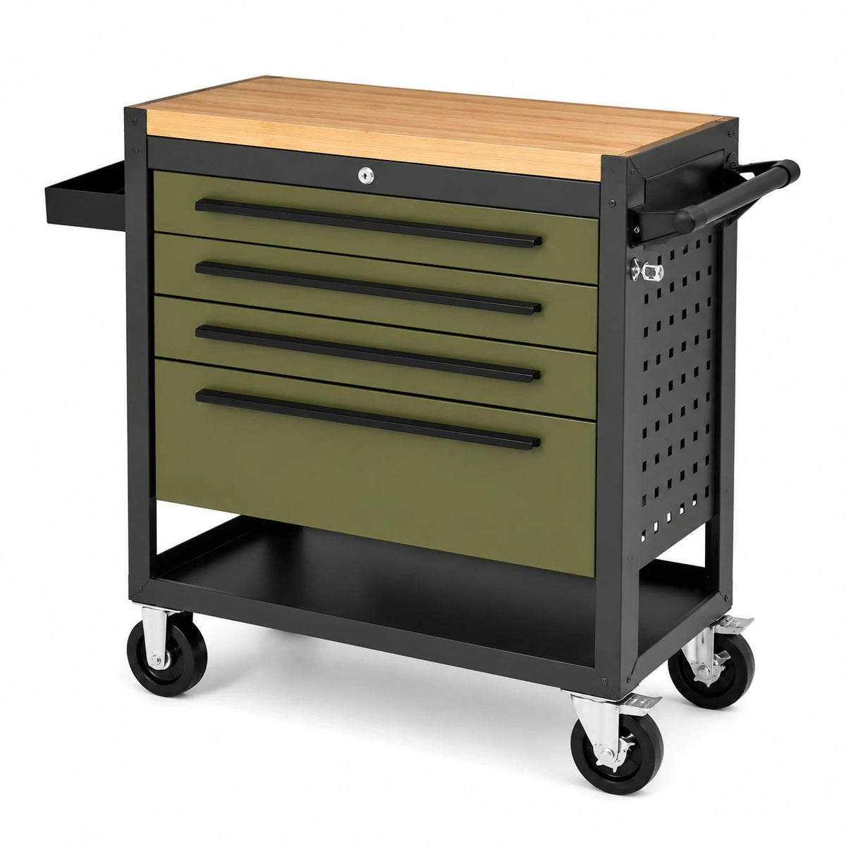 Werkstattwagen 120 × 60 × 95 cm aus Stahl und Holz mit 5 Schubladen in Olivgrün, Schwarz und Braun