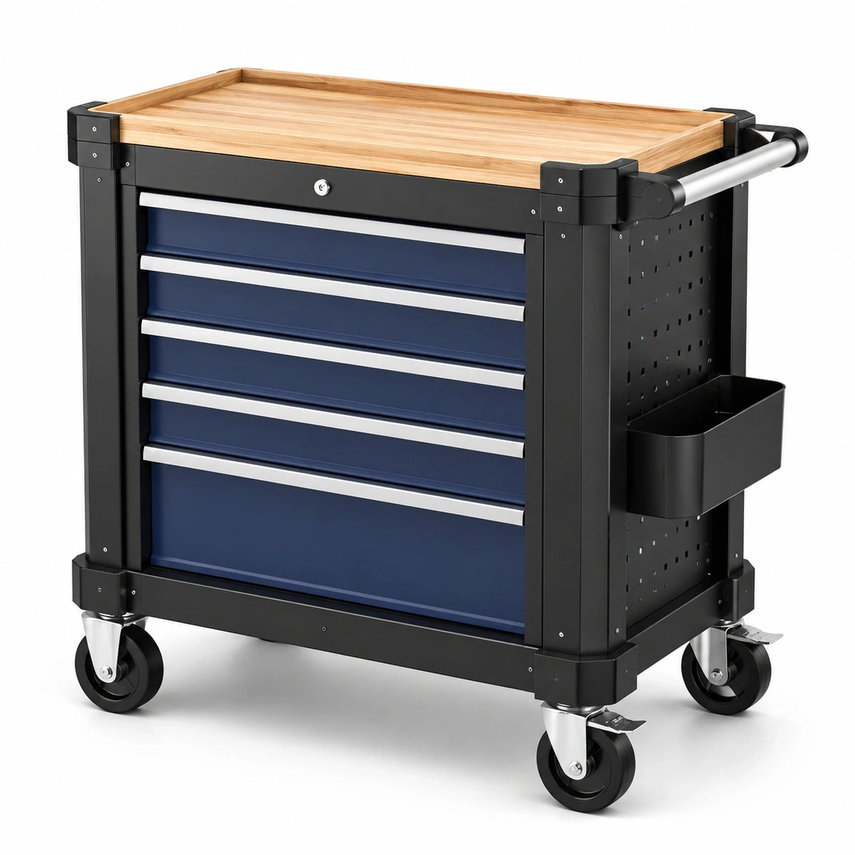 Mobiler Werkzeugwagen 85 × 46 × 96 cm mit 6 Schubladen in Schwarz, Blau und Naturholz