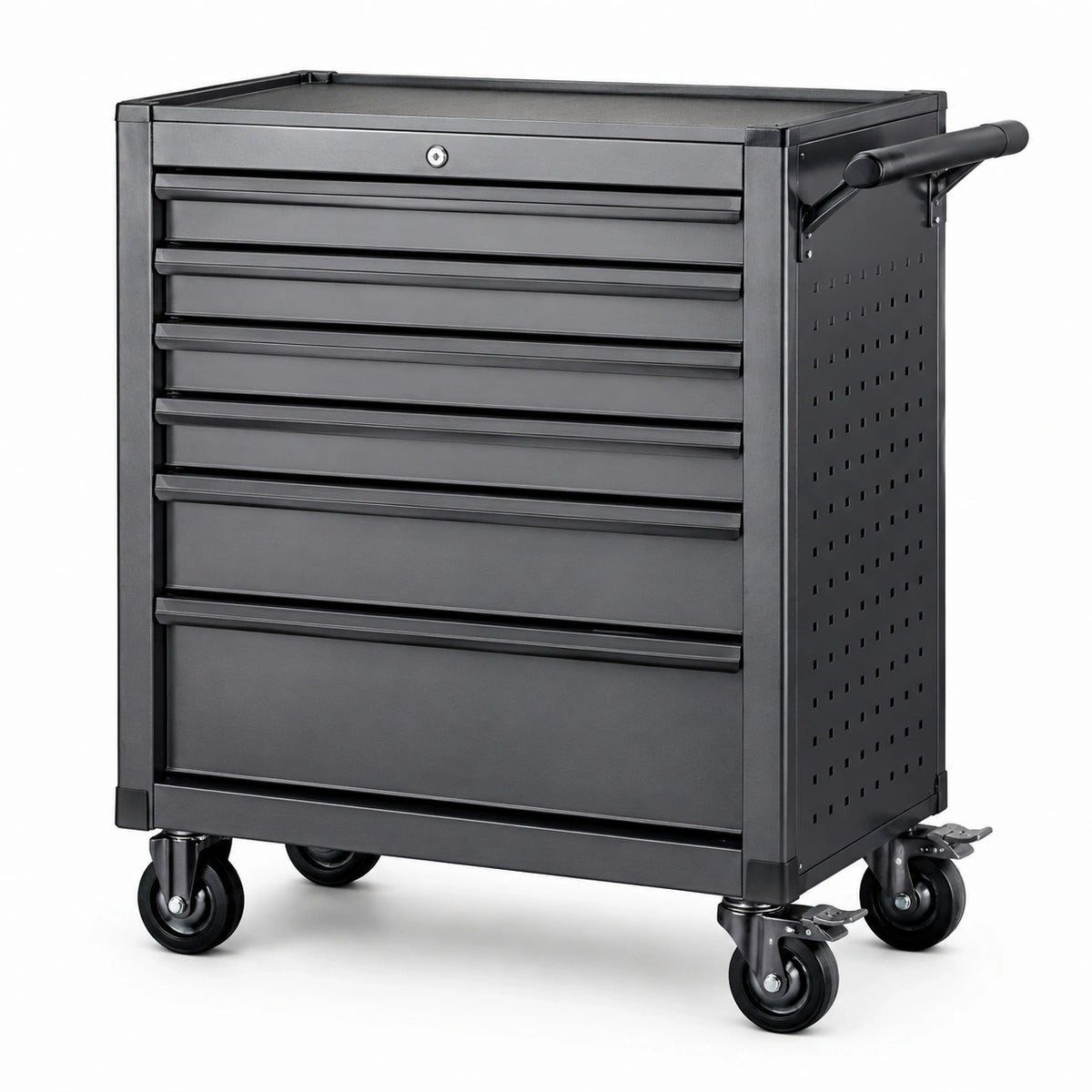 Schwarzer Stahl-Werkzeugwagen mit 7 Schubladen, Rollen und Schiebegriff, 77 × 46 × 97 cm
