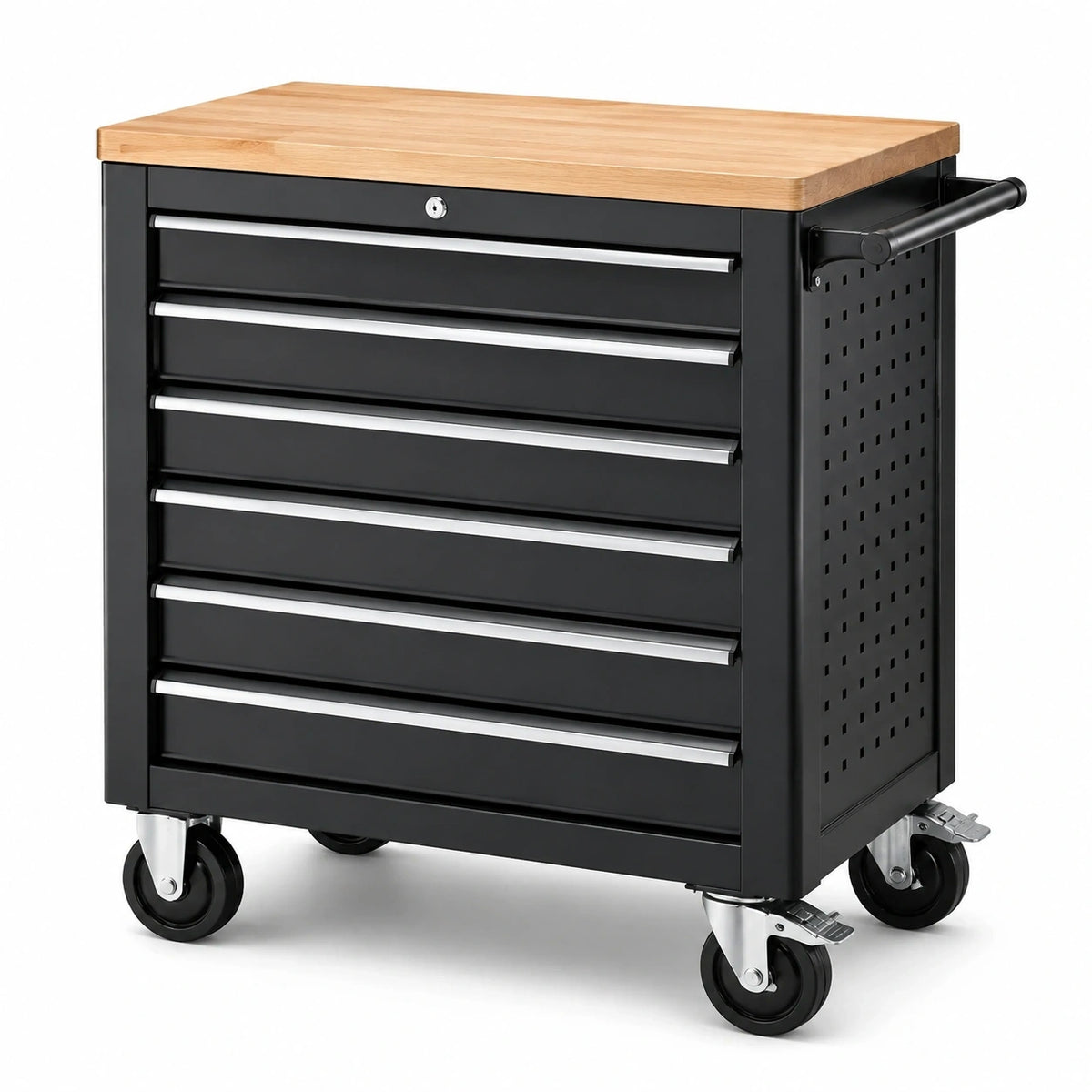 Werkzeugwagen aus Stahl in Schwarz/Naturholz, 76 × 46 × 97 cm, mit 6 Schubladen, Holzarbeitsplatte und Rollen