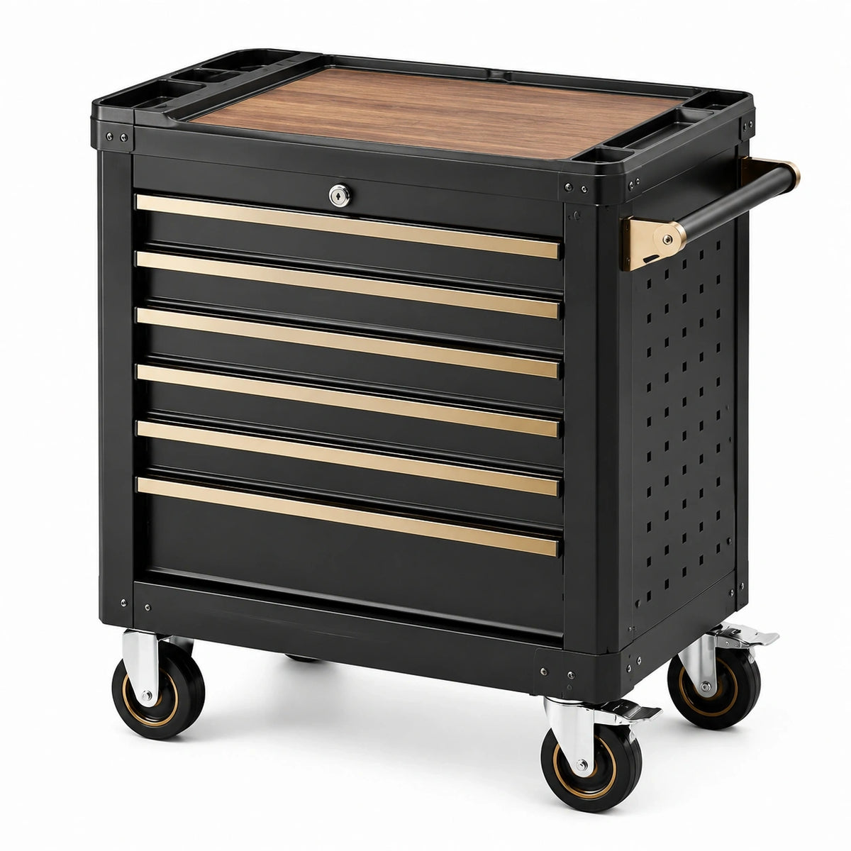 Abschließbarer Werkzeugwagen mit 7 Schubladen, 77 × 46 × 95 cm, Schwarz/Braun/Gold